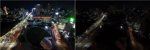 지난해 에너지의 날 행사 때 소등 전후 서울시청 주변의 모습 (사진=서울시)