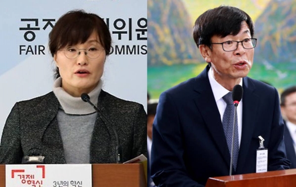 김상조 공정거래위원장(오른쪽)이 담합 사건에 연류된 기업을 봐줬다는 의혹이 유선주 국장(왼쪽)을 통해 제기됐다.