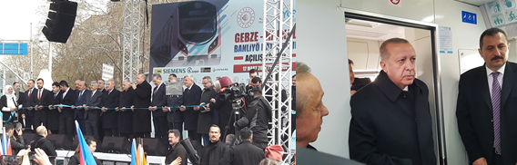 (왼쪽) 12일(현지시간) 레제프 타이이프 에르도안 터키 대통령(가운데)이 개통식 축사를 하고 있다  (오른쪽) 12일(현지시간) 레제프 타이이프 에르도안 터키 대통령(가운데)이 현대로템이 제작한 마르마라이 전동차를 시승하고 있다 / 사진=현대로템