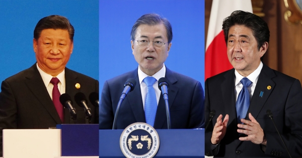 시진핑 중국 국가주석(왼쪽부터)ㆍ문재인 대통령ㆍ아베 신조 일본 총리